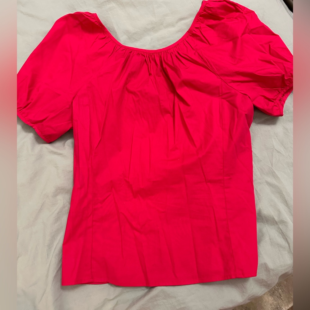 J crew Bright, bold, striking - deep v back poplin shirt with puffed sleeves